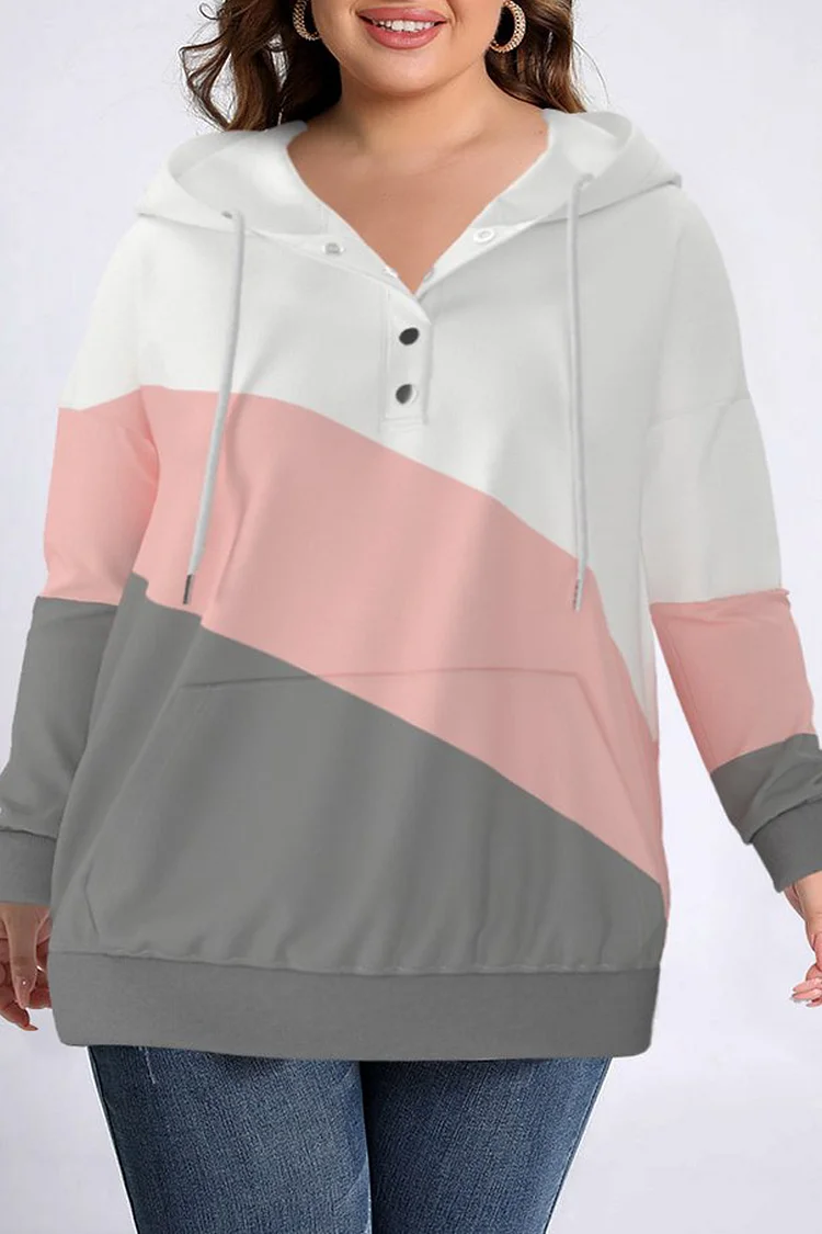 Flycurvy Plus Size Casual White Colorblock Pocket Threaded Sleeve Hoodie  Flycurvy [product_label]