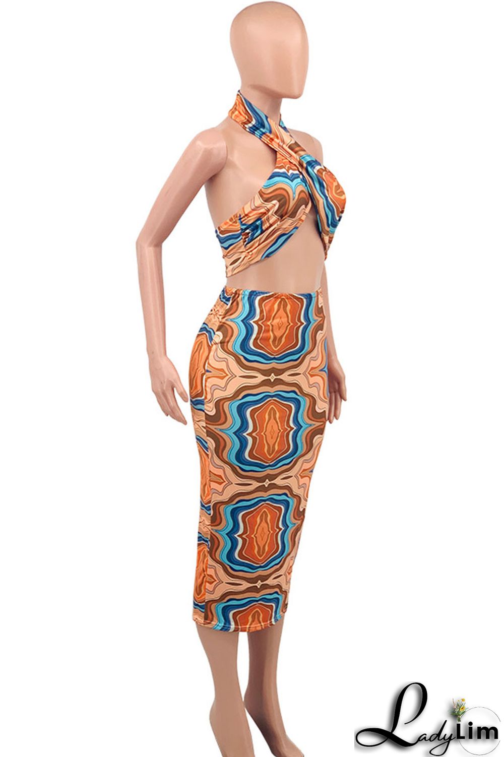 Royal Blue Sexy Print Patchwork Halter Plus Size Two Pieces