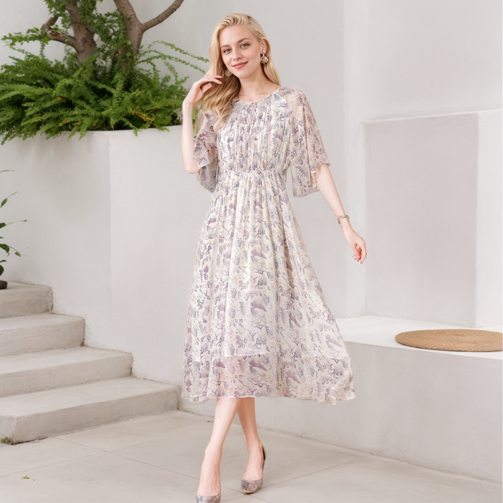 Mulberry Silk Dress Flower Print Vacation Style REAL SILK LIFE