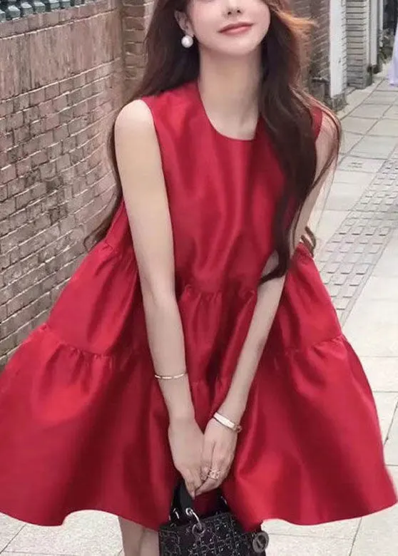 Modern Red O-Neck Wrinkled Solid Mid Dresses Summer
