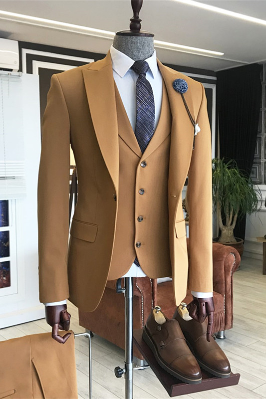 Oknass Handsome 3 Pieces Gold Brown Party Mans Suit For Prom With Peaked Lapel 