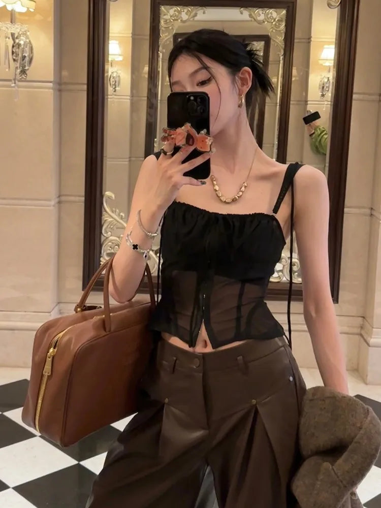 OLCooL Sexy Black Mesh Crop Top Women Sleeveless Lace Up Corset Tank Top Summer Fashion Design Edgy Clothes Y2k Aesthetic Mujer olcool