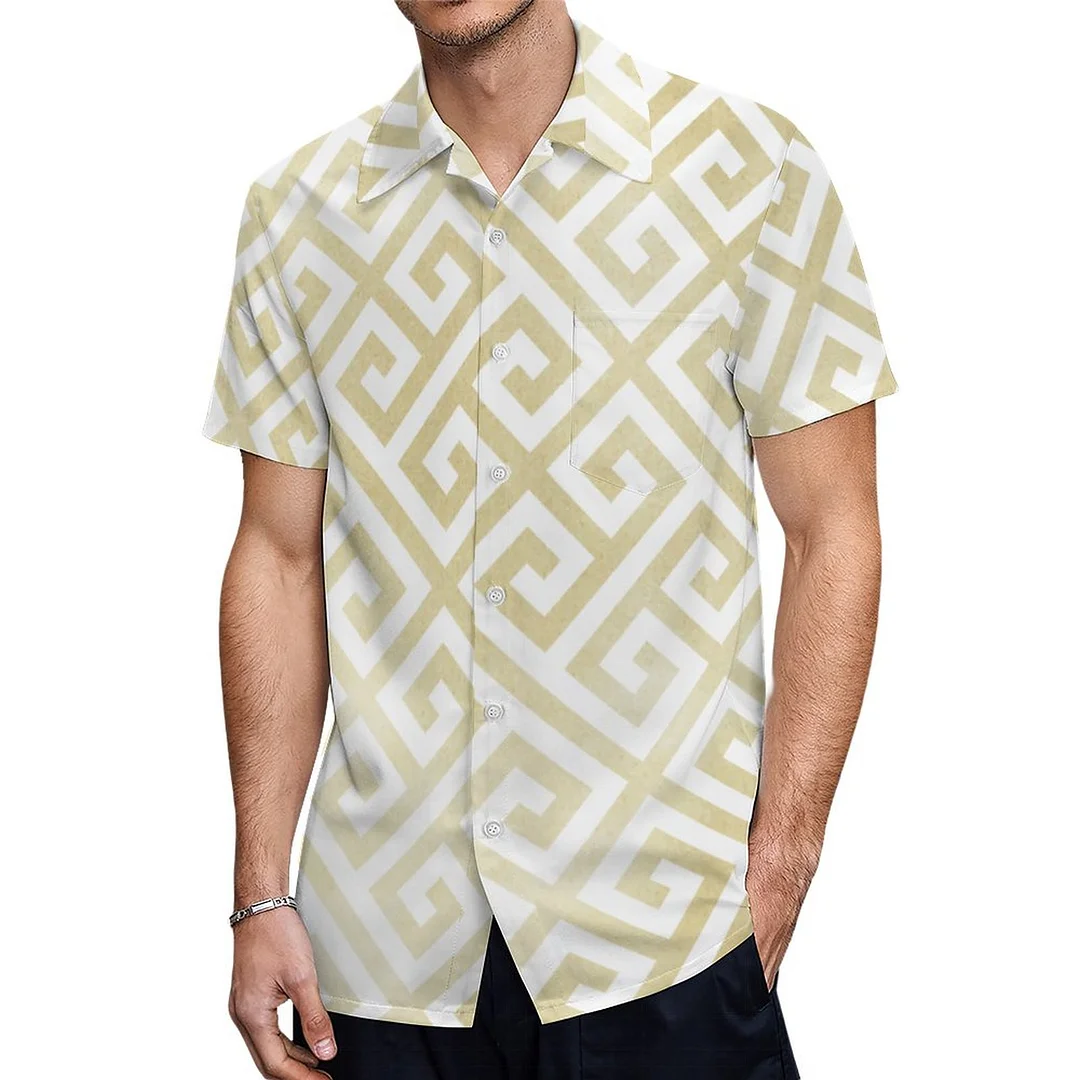 Short Sleeve Distressed Gold Greek Key Hawaiian Shirt Mens Button Down Plus Size Tropical Hawaii Beach Shirts