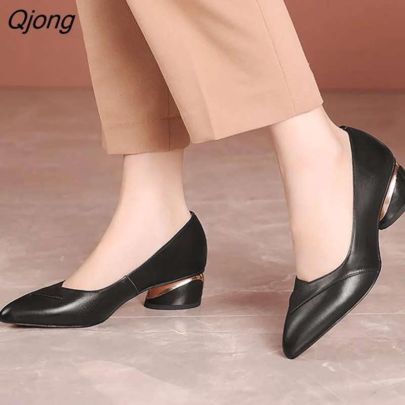 Qjong Heel Shallow Mouth Fashion Women Shoes 2022 Spring and Autumn New Style Pointed Versatile Women's Single Shoes