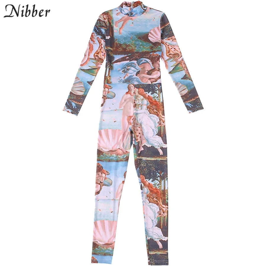 Nibbler Fashion zipper graphic pattern streetwear one pieces Jumpsuit Women 2020 autumn Casual long sleeve skinny Jumpsuit mujer