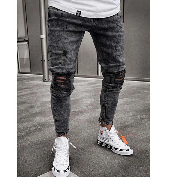 Men Jeans Streetwear Knee Ripped Skinny Hip Hop Destroyed Hole Stretch Casual Denim Trousers at Hiphopee