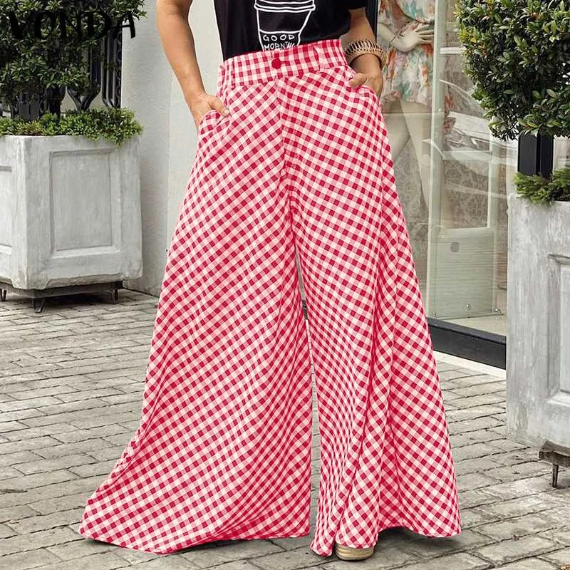 Summer High Waist Long Pants VONDA 2022 Wide Leg Women's Trousers Palazzo Pants Hosen Damen Vintage Plaid Printed Pantalones