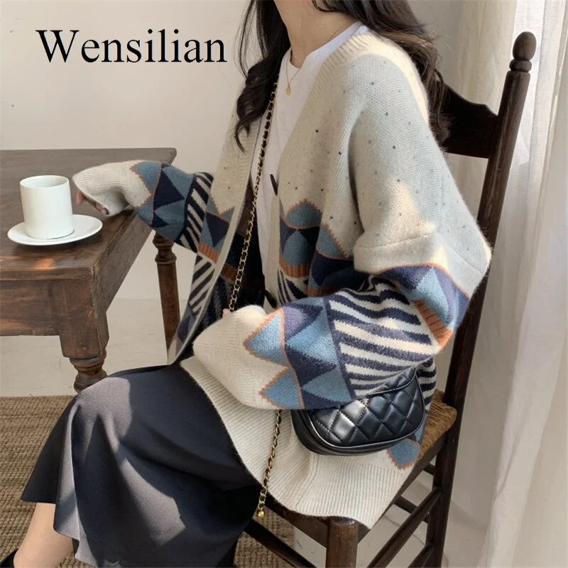 2021 Autumn Winter Women Sweater Geometric Pattern Knitted Cardigan Vintage Casual Loose Sweater Jumper Button-up Female Tops