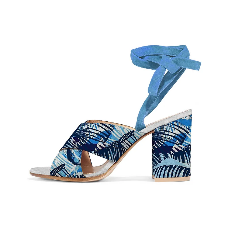 Blue Floral Block Heel Sandals Peep Toe Ankle Strappy Sandals |FSJ Shoes