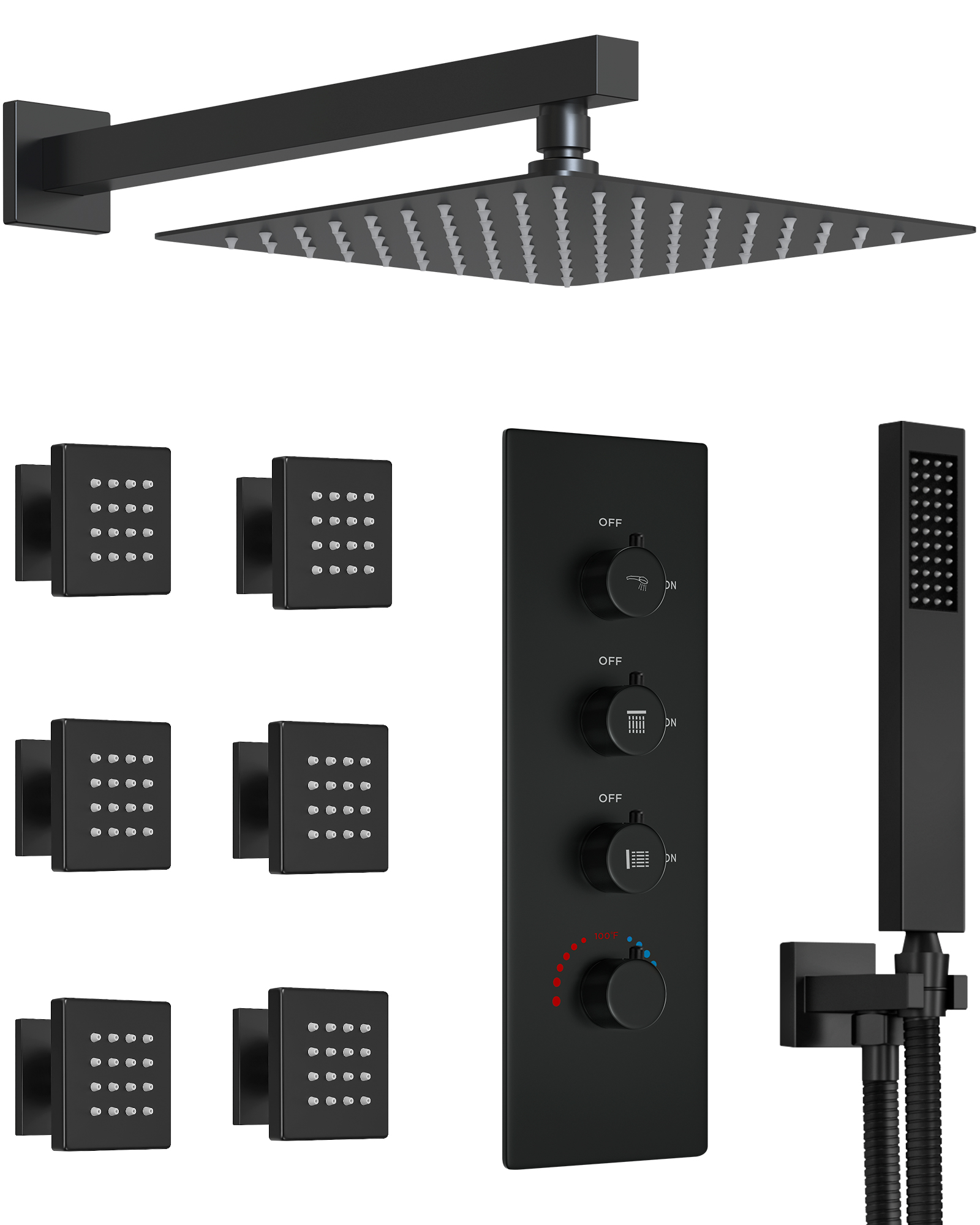 Shower System Thermostatic Rainfall 12 Inch Body Jets Handheld Matte Black