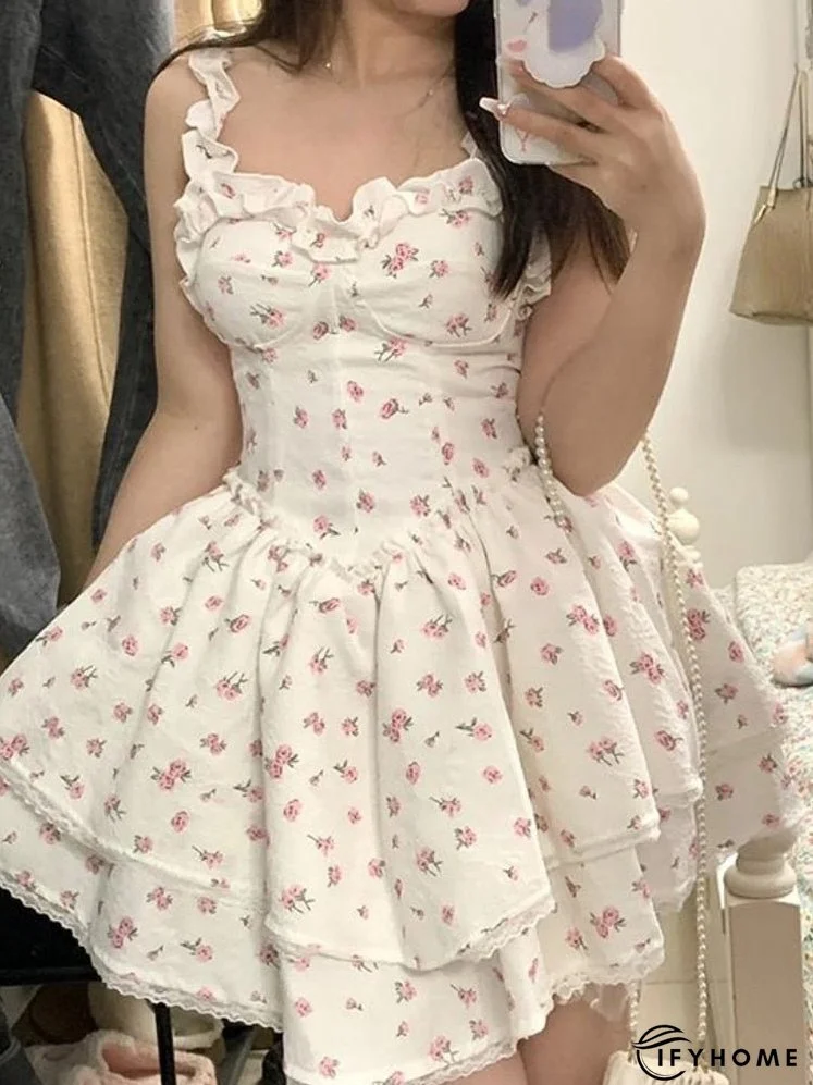 Joskka Summer Lace Kawaii Dress Women Vintage Sleeveless Elegant Sweet Mini Dress Female Floral Print Korean Designer Strap Dress | IFYHOME