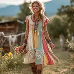 Women's Floral Color Block Round Neck Short Sleeve Dress - Image 2