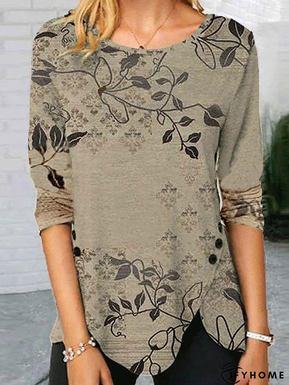 Crew Neck Casual Leaves Long Sleeve Tunic T-Shirt | IFYHOME