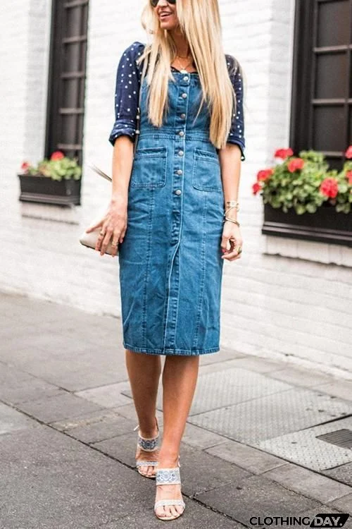 Pockets Button Slip Denim Dress