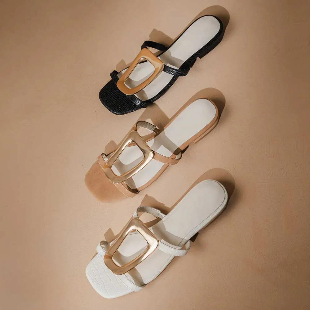 Black Casual Square Toe Buckle Strappy Flat Sandals for Women