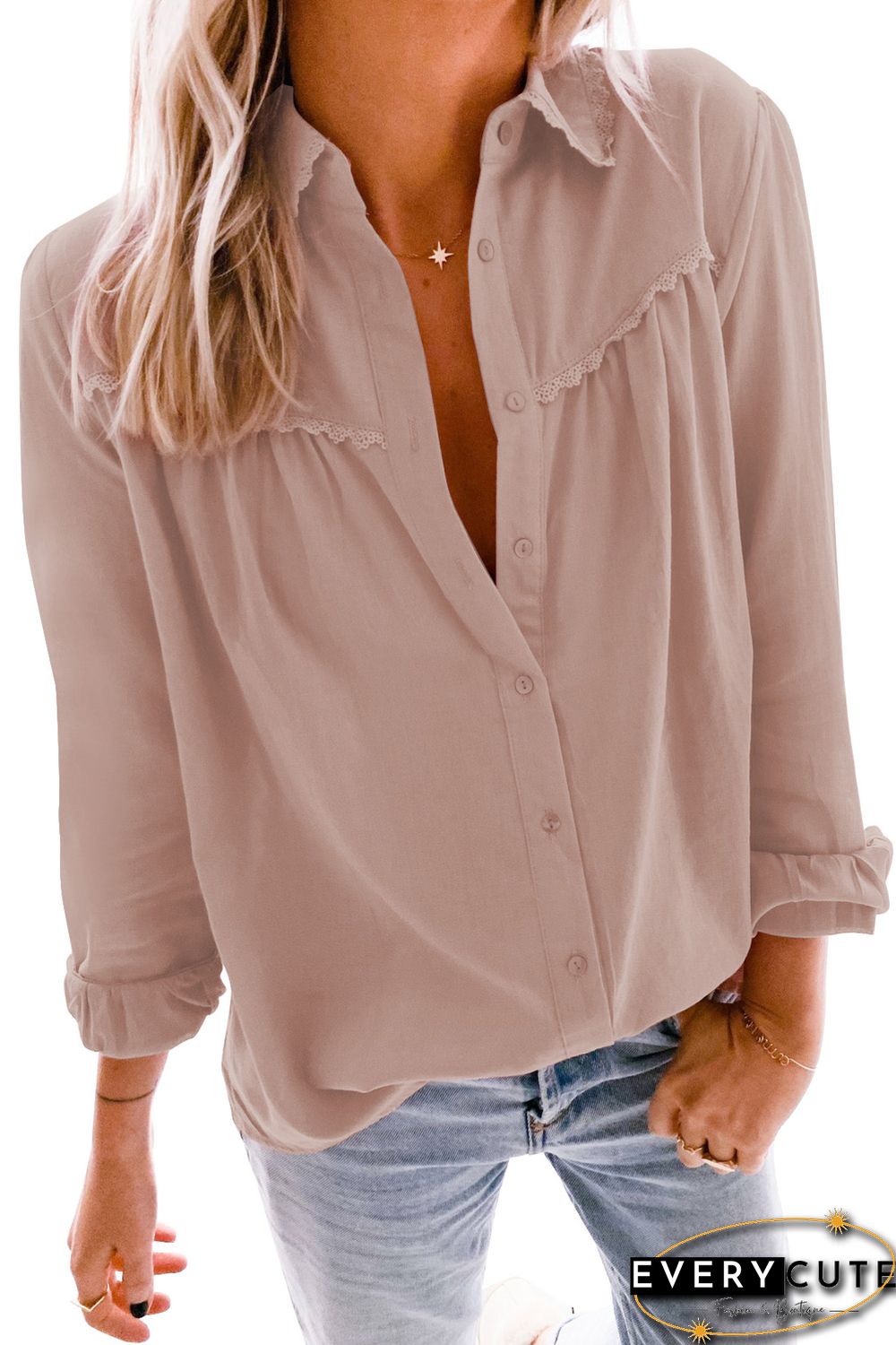 Pink Plain Pleated Bust Cuffed Sleeves Shirt
