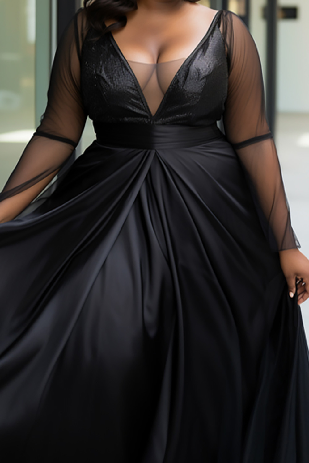 Design Plus Size Formal Elegant Black V Neck Long Sleeve See Through Satin Maxi Dresses [Pre-Order]