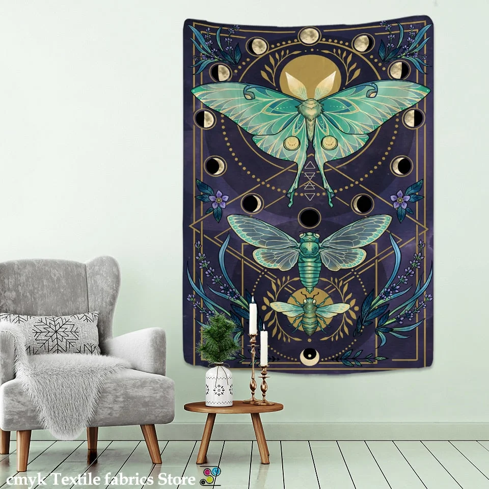 Moon Phase Butterfly Tapestry Wall Hanging Psychedelic Mysterious Witchcraft Bohemian Style Aesthetics Room Home Decor