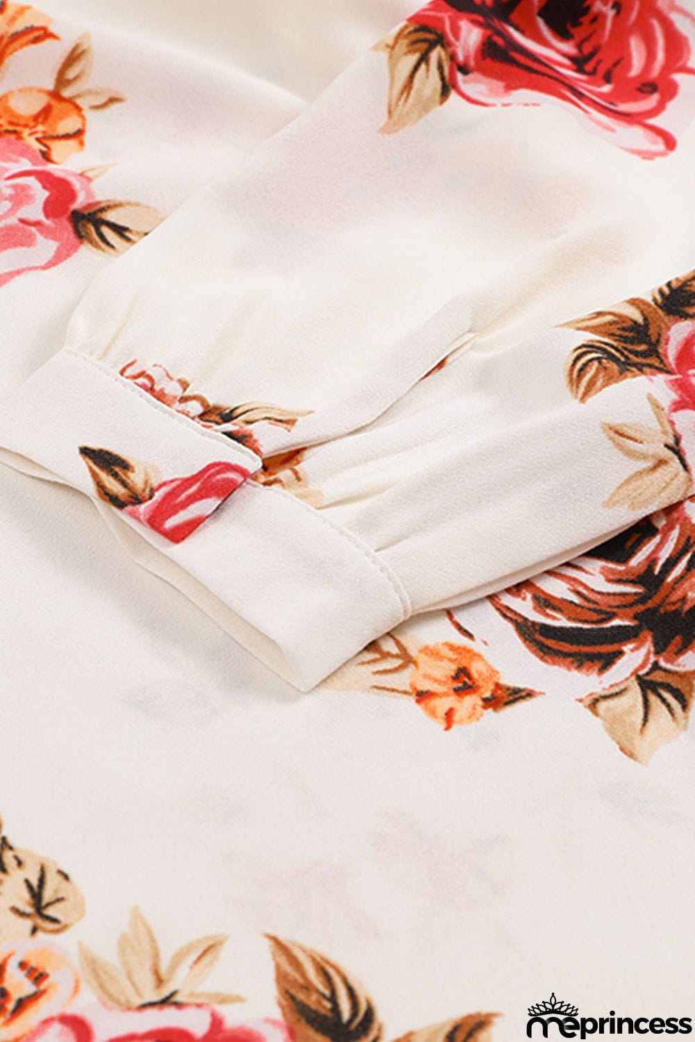 Beige Floral Print V Neck Button Down Blouse