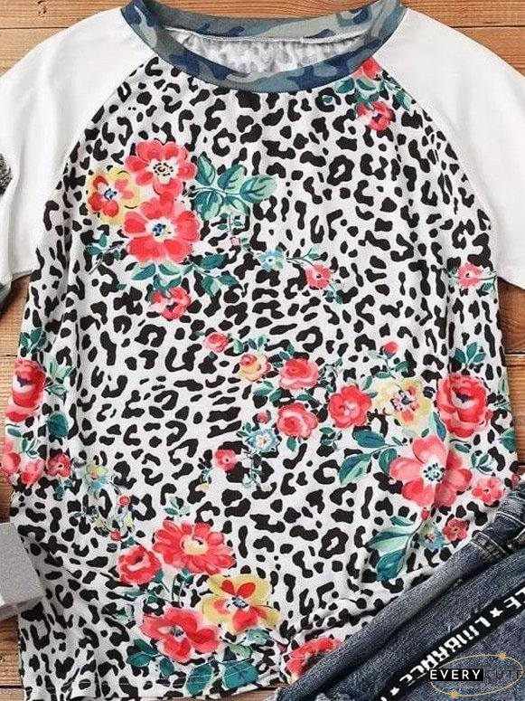 Flower Leopard Print Short Sleeve Crew Neck T-Shirt for Women