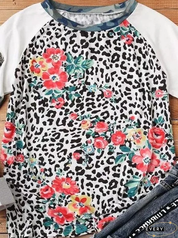 Flower Leopard Print Short Sleeve Crew Neck T-Shirt for Women