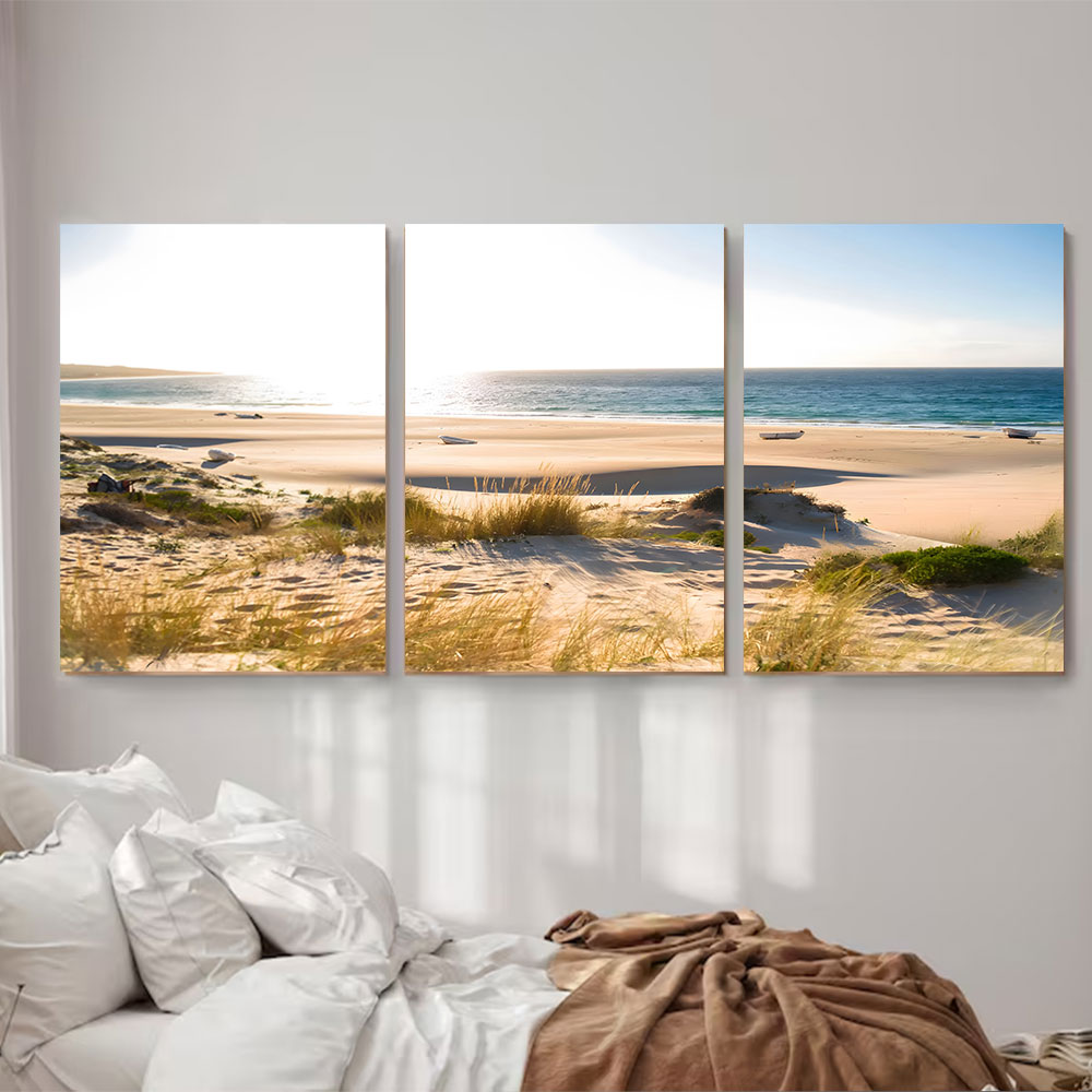 3-Piece Set Bright White Sand Beach And Sea Canvas Art