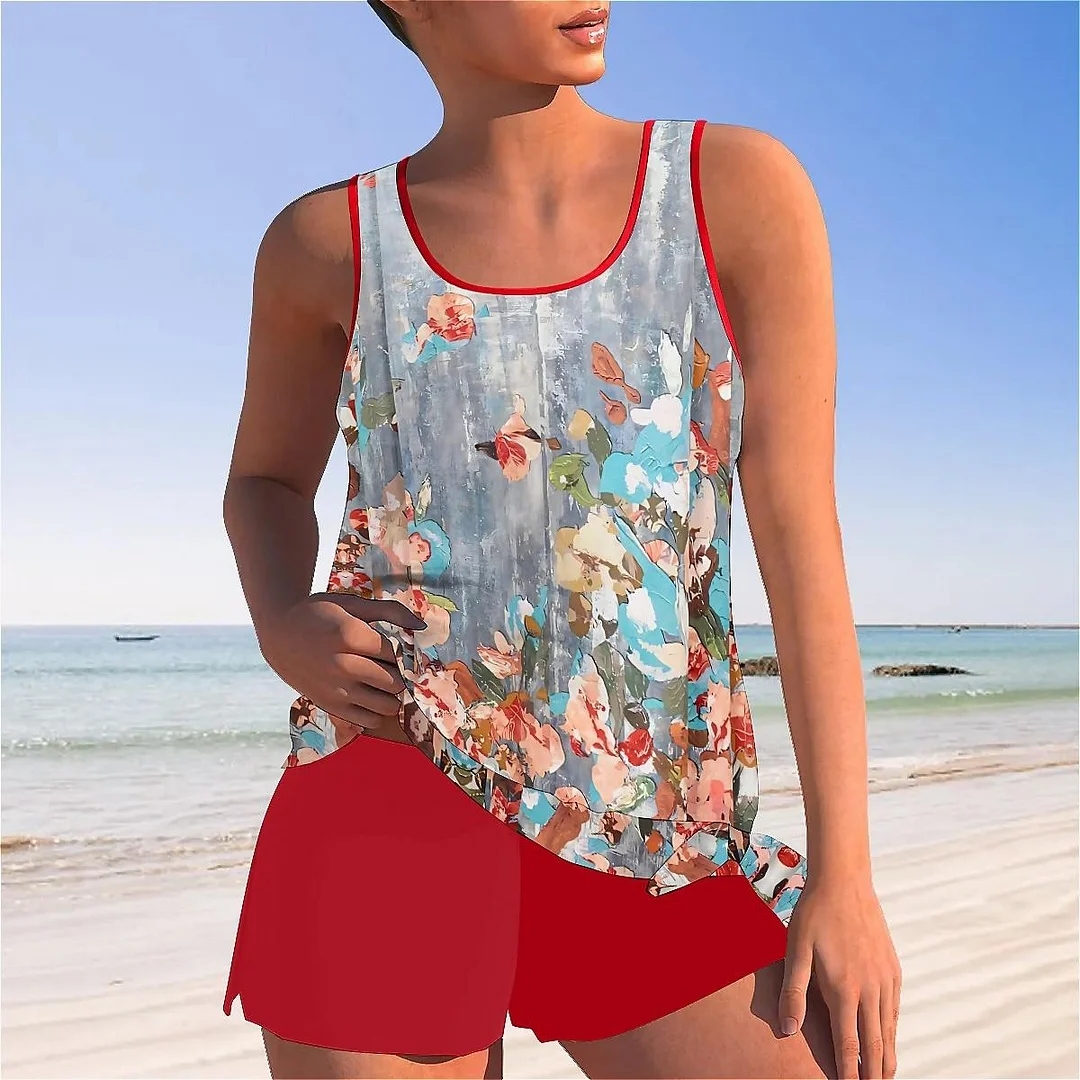 Bowknot Floral,Gray Mid Waisted Tankini Set - Plus Size Available