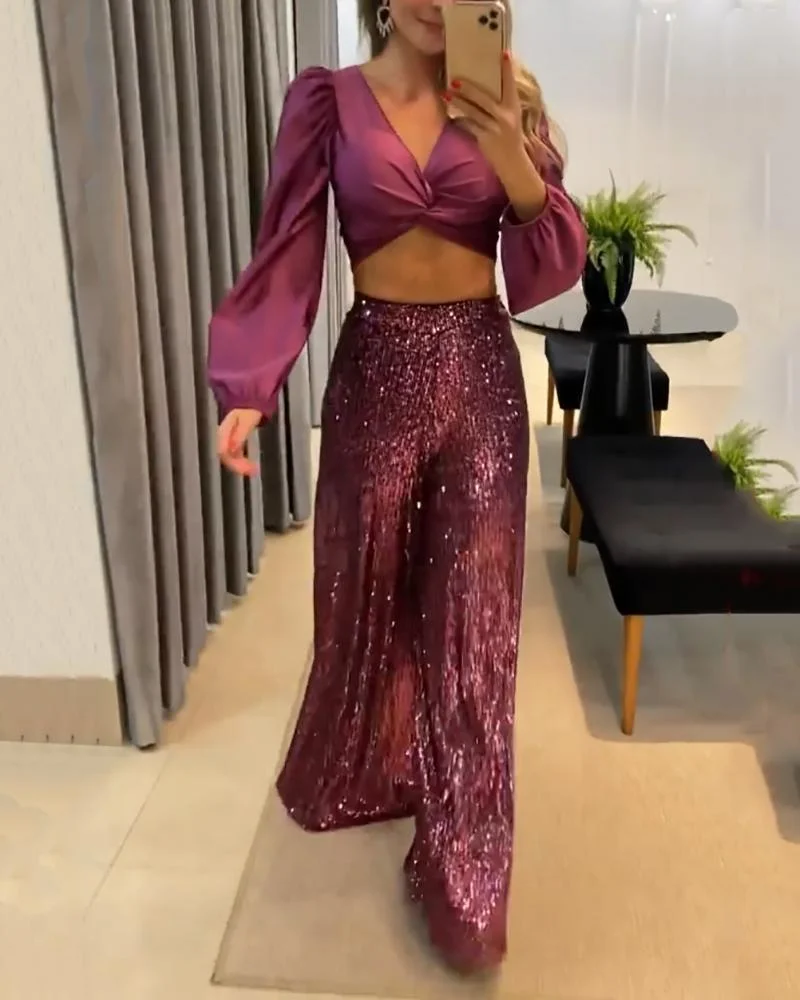 Two-Piece Set of Solid Long Sleeve Cropped Top & Sequin Pants
