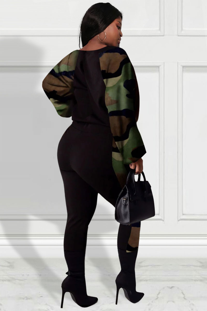Design Plus Size Daily Pant Set Camo Print Long Sleeve Patchwork Two Pieces Pants Set