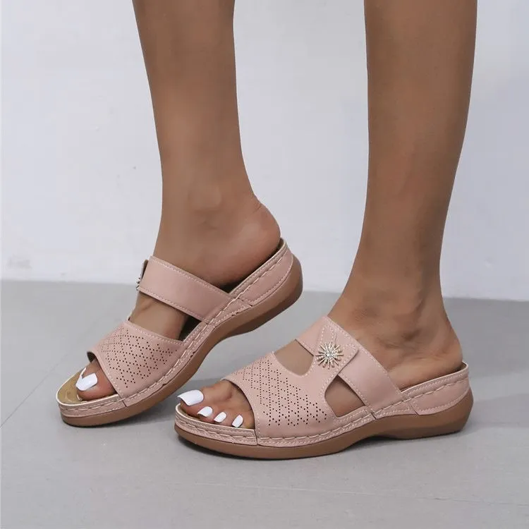 Women's Solid Color Hollow Mid-heel Platform Slippers