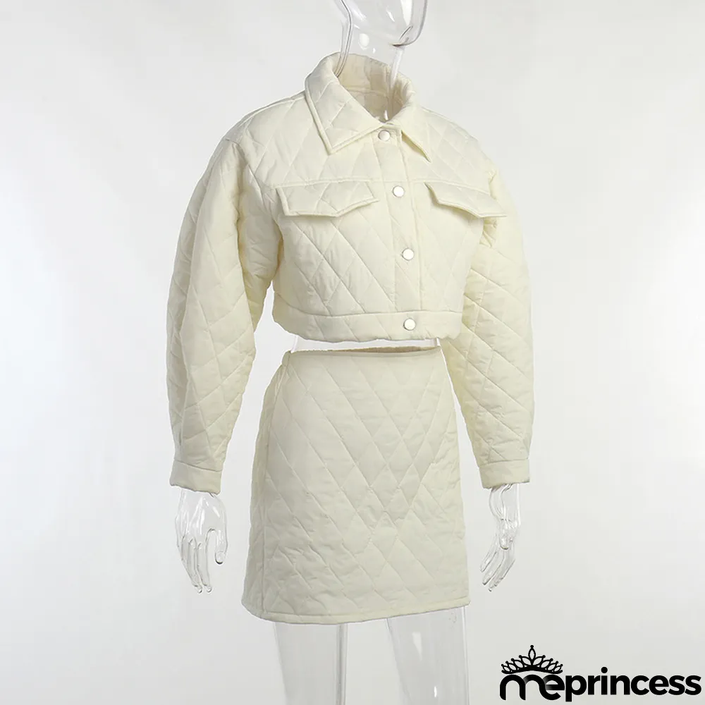 Women Turndown Collar Long Sleeve Diamond Padded Jacket and Skirt Two Piece