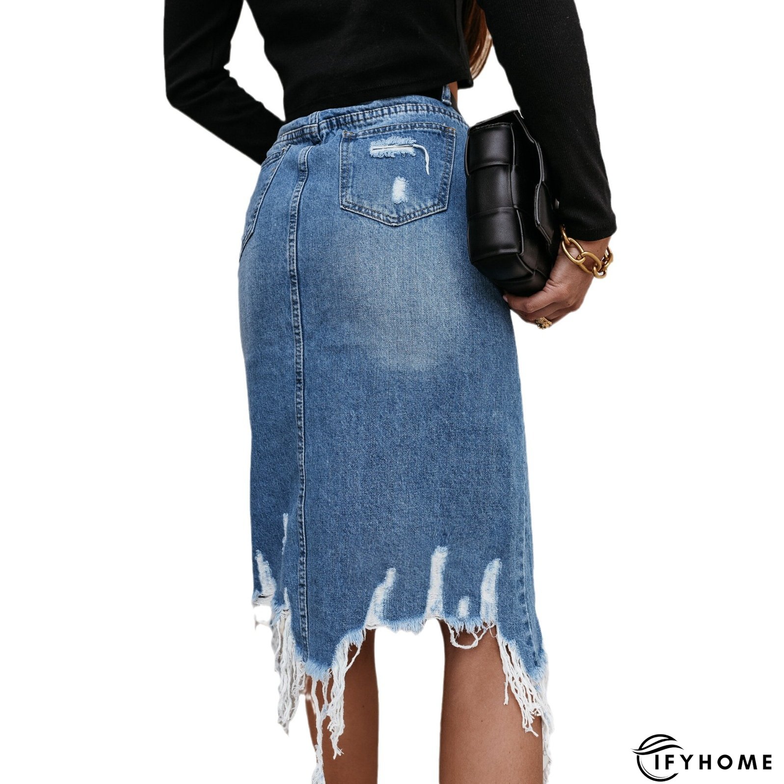 Spring Summer Women's High Waist Front Slit Denim Long Skirt | IFYHOME