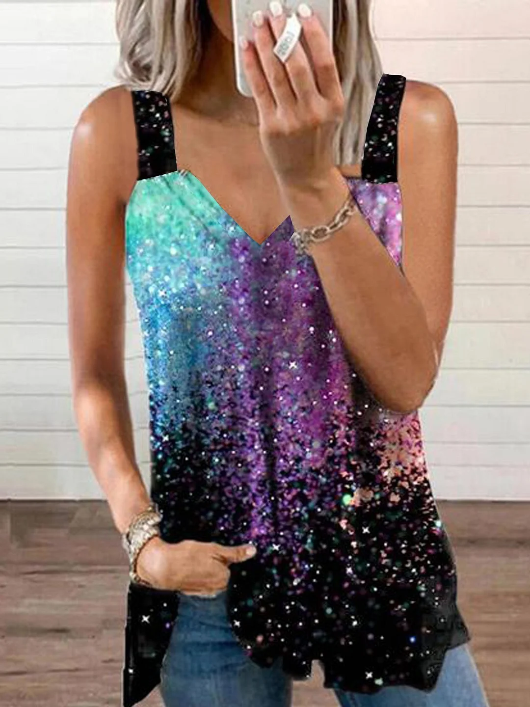 Casual Ombre Printed Loosen Spaghetti Tunic Knit Tops