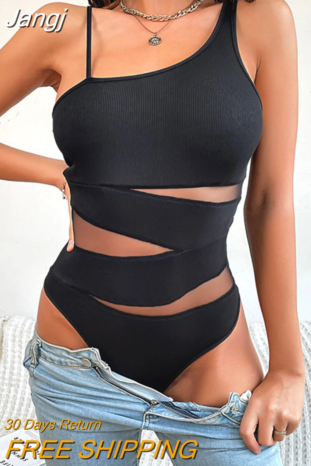 Jangj Black Asymmetrical Neck Mesh Insert Bodysuit Women Sexy One-piece Skinny Body Top Summer Ladies Club Party Streetwear