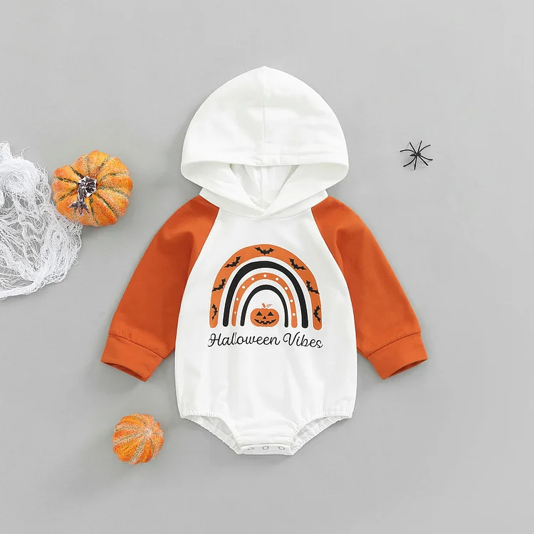 Baby Boy/Girl Halloween Pumpkin Letter Print Long Sleeve Hooded Bodysuit