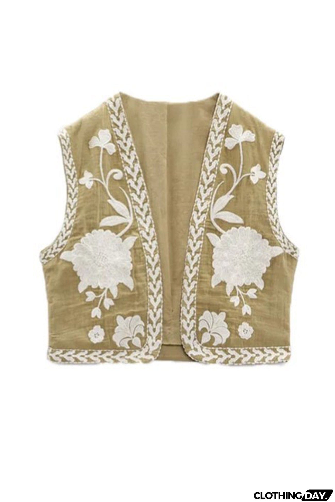 Vintage Floral Embroidery Open Front Vest