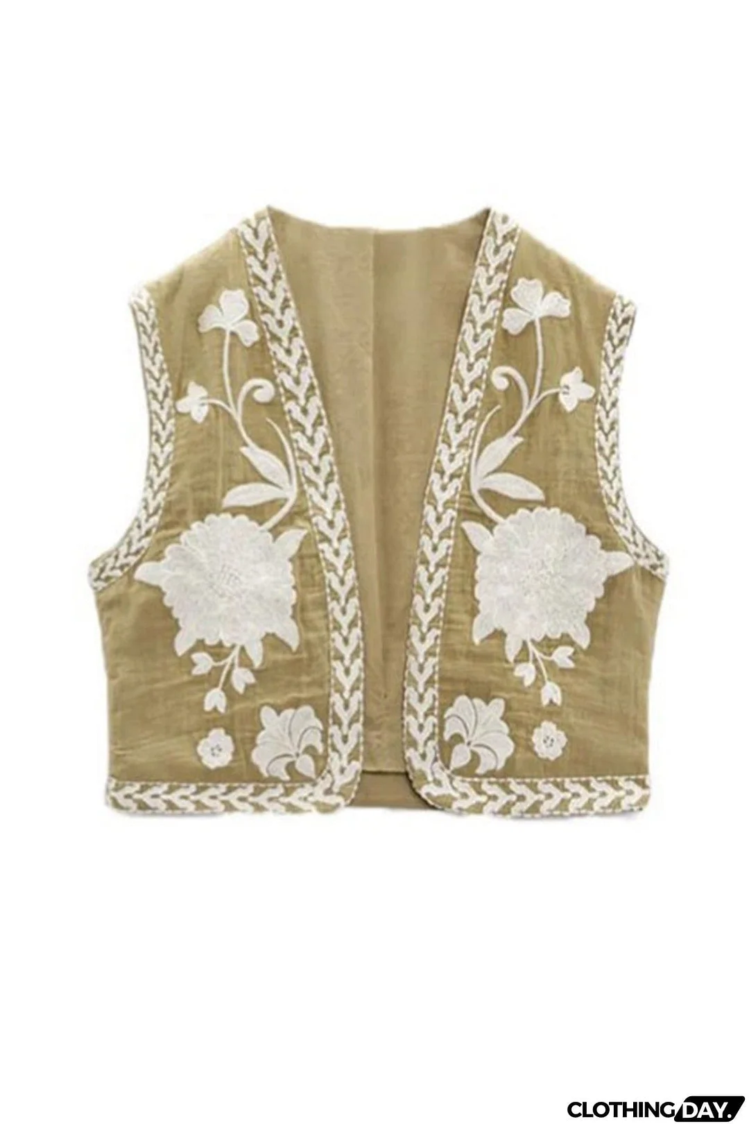 Vintage Floral Embroidery Open Front Vest