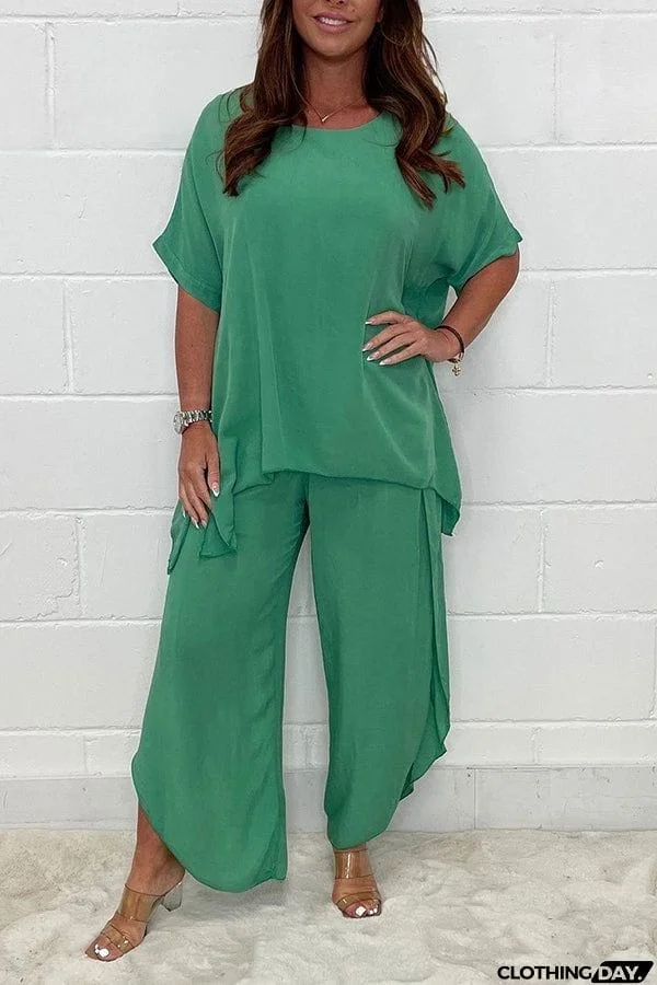 Greyson Flowy Loose Blouse and Elastic Waist Slit Pants Set