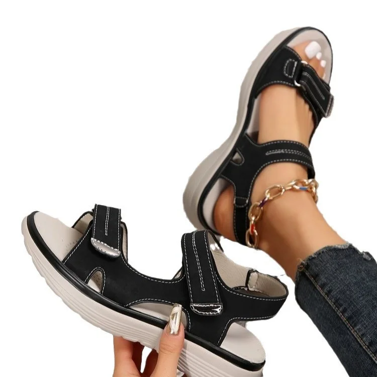 Yyvonne 2025 Summer Women's Shoes Large-Size Thick-Sed Casual Sandals With Magic Stickers Women's Shoes