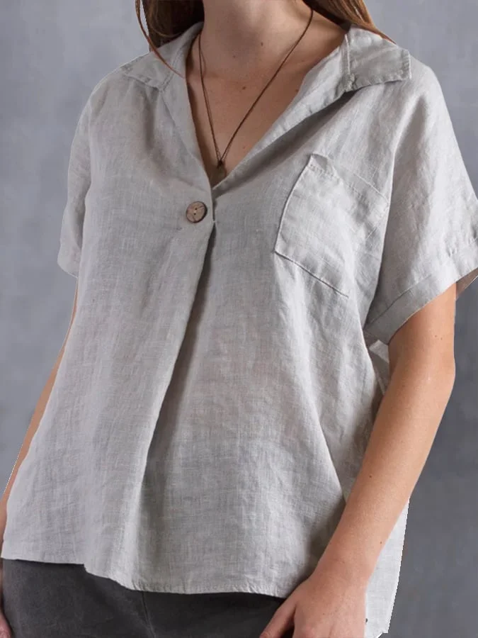 Ladies Solid Color Lapel V-Neck Design Casual Cotton And Linen Shirt