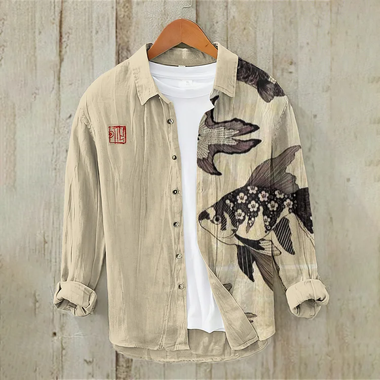 Japanese Art Fish Button Casual Linen Blend Shirt