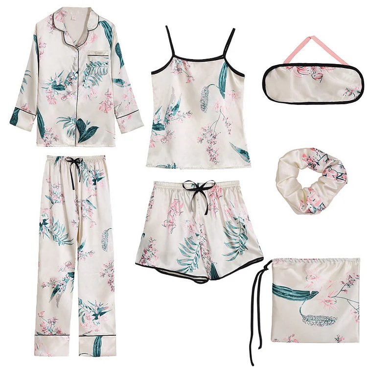 Floral Print Silk Pajamas Seven Pieces Set - Modakawa Modakawa