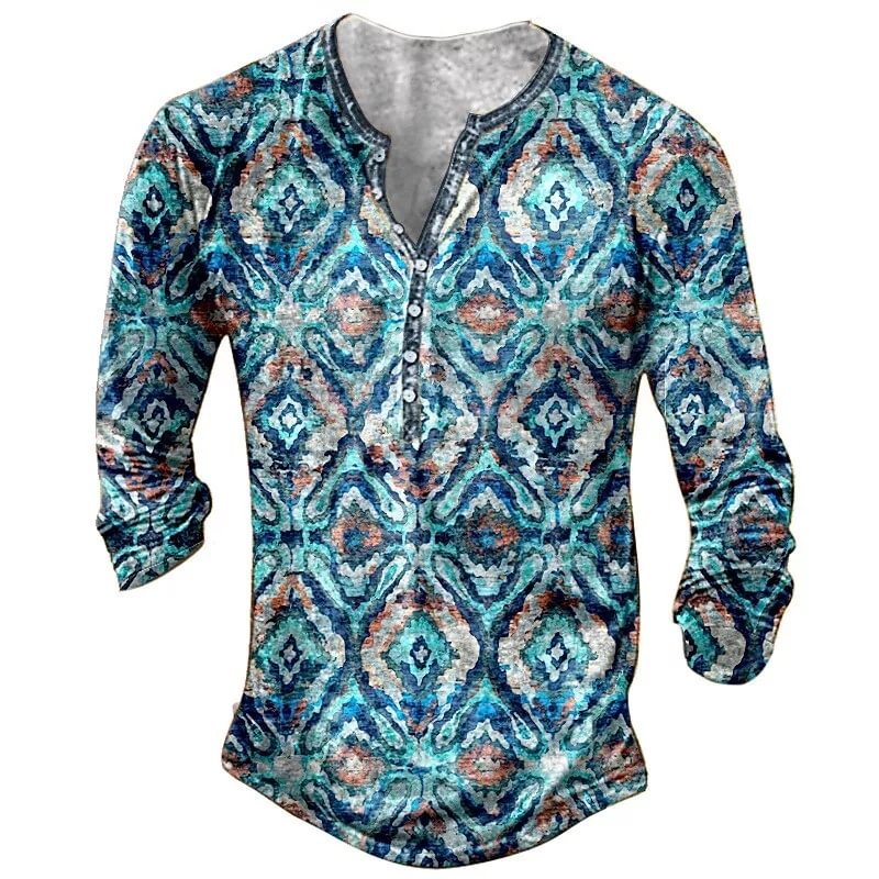 Men's Retro Totem Print Button Round Neck Long Sleeved Henry Shirt