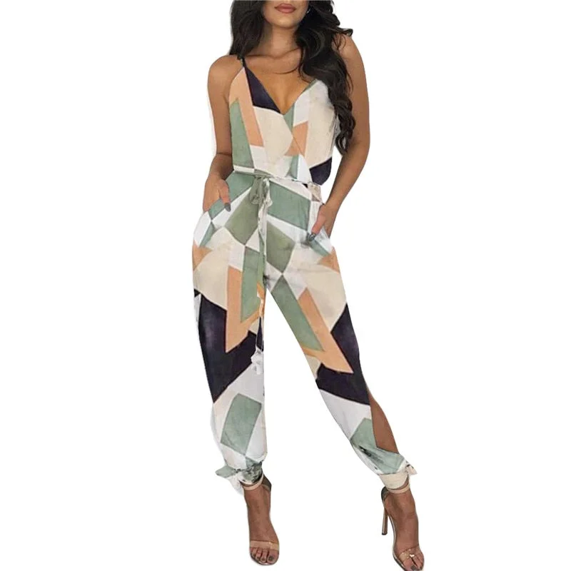 Xinging Women Jumpsuit Spaghetti Strap Mixed Print Slit Leg Jumpsuit Sexy V-Neck Jumpsuits for Women Clubwear Outfits Rompers
