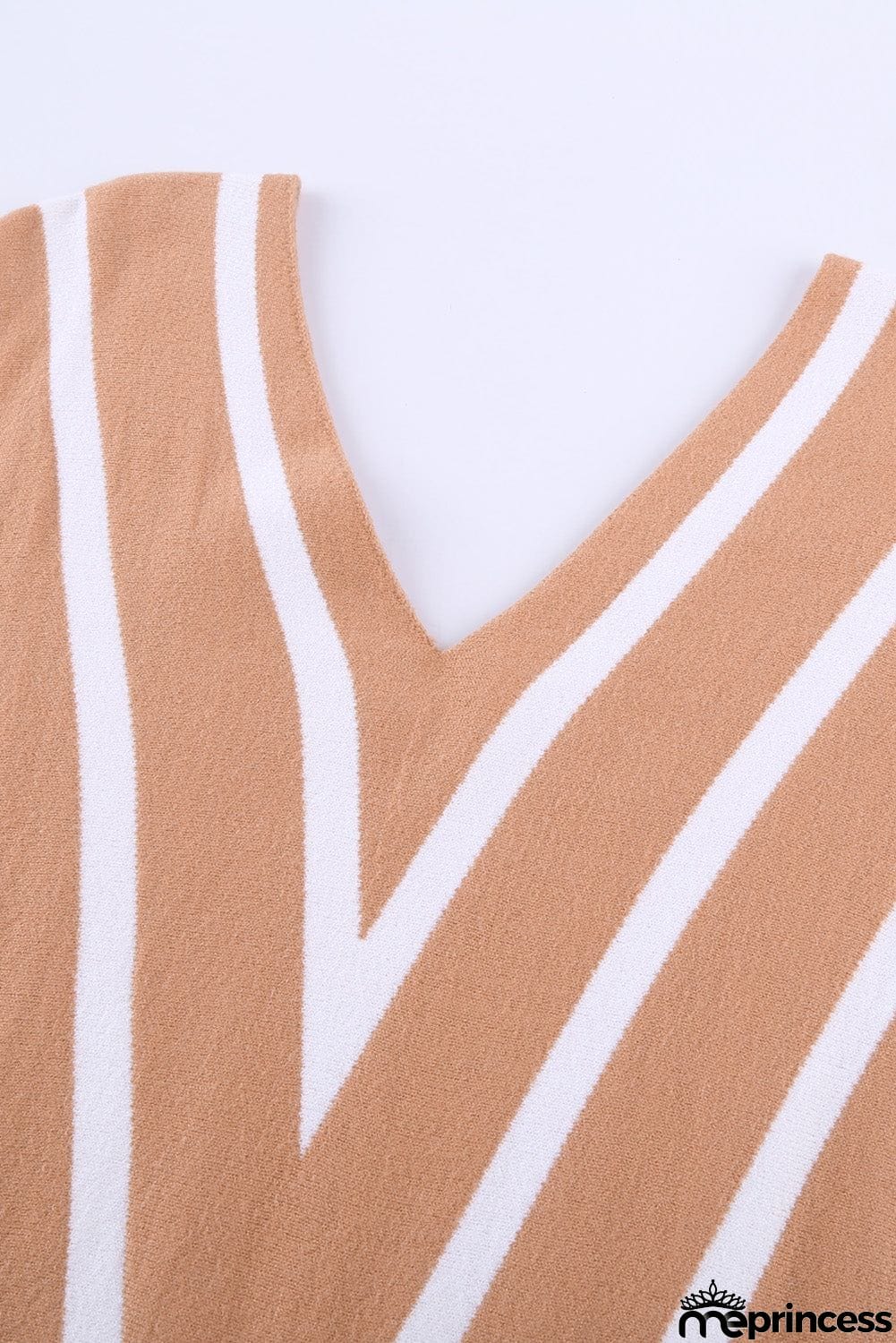 Khaki V Neck Popper Cuff Striped Casual Sweater