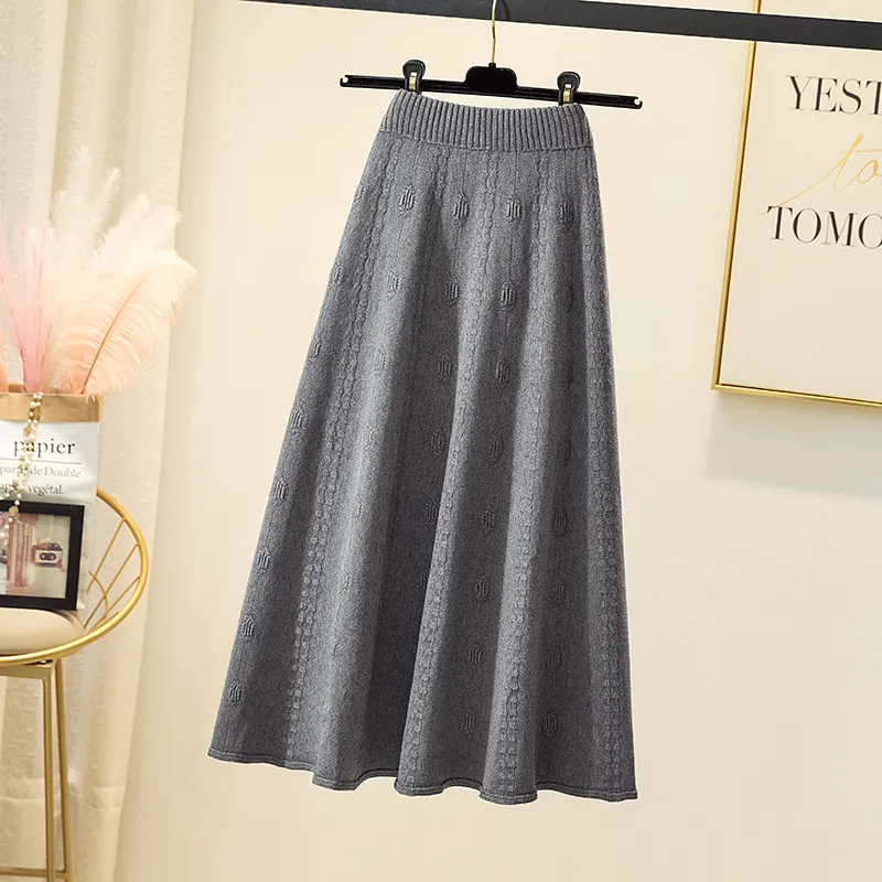 Churchf Churchf And Winter 2023 With Sweater High-Waist Jacquard Long Knitted Half-Length Umbrella Skirt Temperament Wool Long Skirt