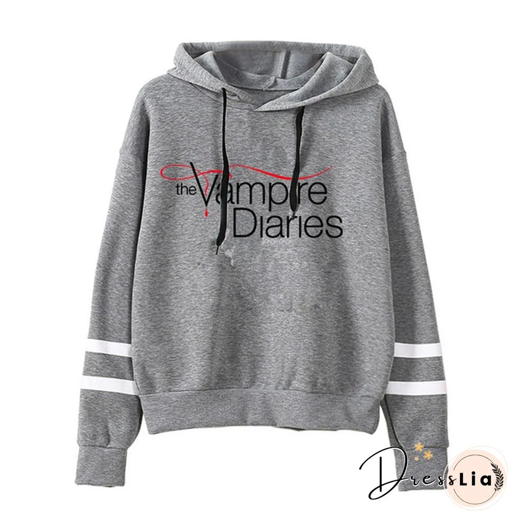 New Womens Long Sleeve Young Girl Fleece Hoodie The Vampire Diaries Stripe Hooded Casual Tops Pullover Sweatshirt
