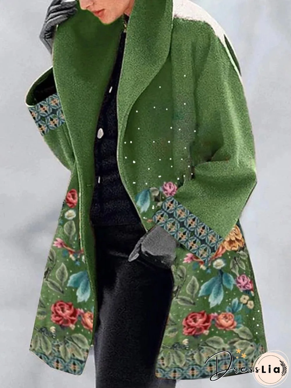 Green Women Flower Pattern Coat