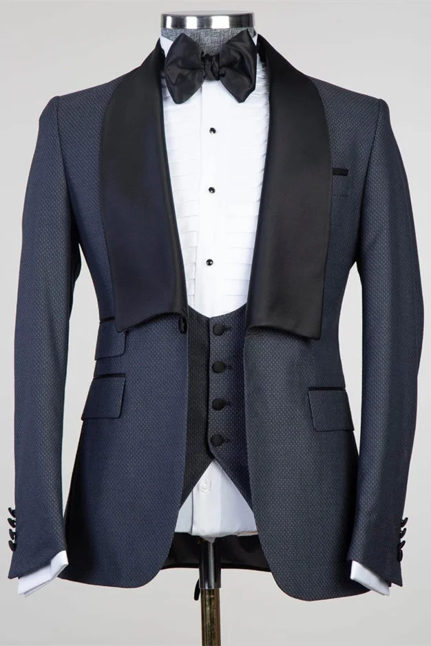 Cliff Fashion Style Dark Blue Shawl Lapel Easy Fit  3-Pieces Men Suits