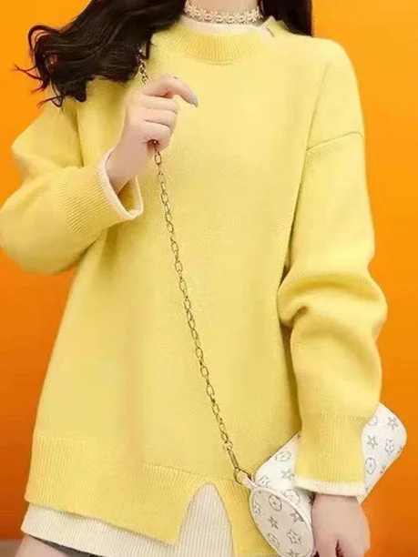 Women plus size clothing Women's Versatile Color Buttons Scoop Neck Long Sleeve Sweater Top-Nordswear